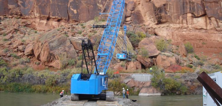 Getting micropile rig to other side of river.  Gunnison River near Grand Junction, CO (Hayward Baker)